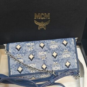 MCM Blue Denim Clutch with Monogram Pattern